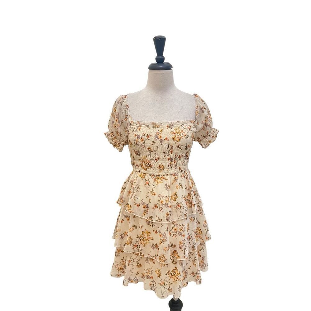 Thirty/Thirty LA Womens Floral Smocked Tiered Fit & Flare Dress Cream XS NWT